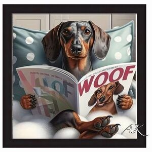 Dachshund Reading WOOF Magazine Framed Art 🐾 Doxie Wiener